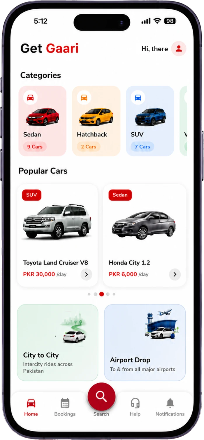 The Get Gaari app home screen